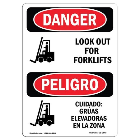 Safety Sign, OSHA Danger, 14 Height, Look Out For Forklifts Bilingual Spanish